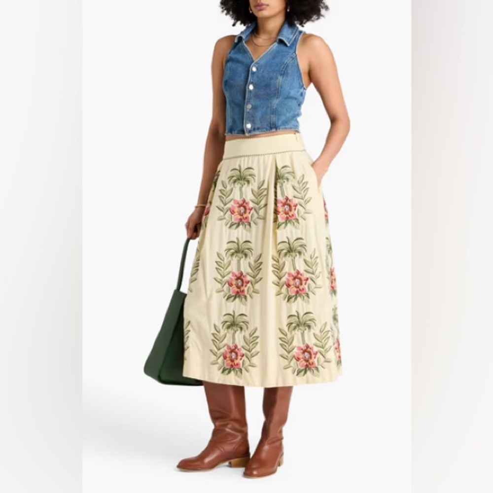 FARM RIO- Cream tropical floral embroidered midi skirt